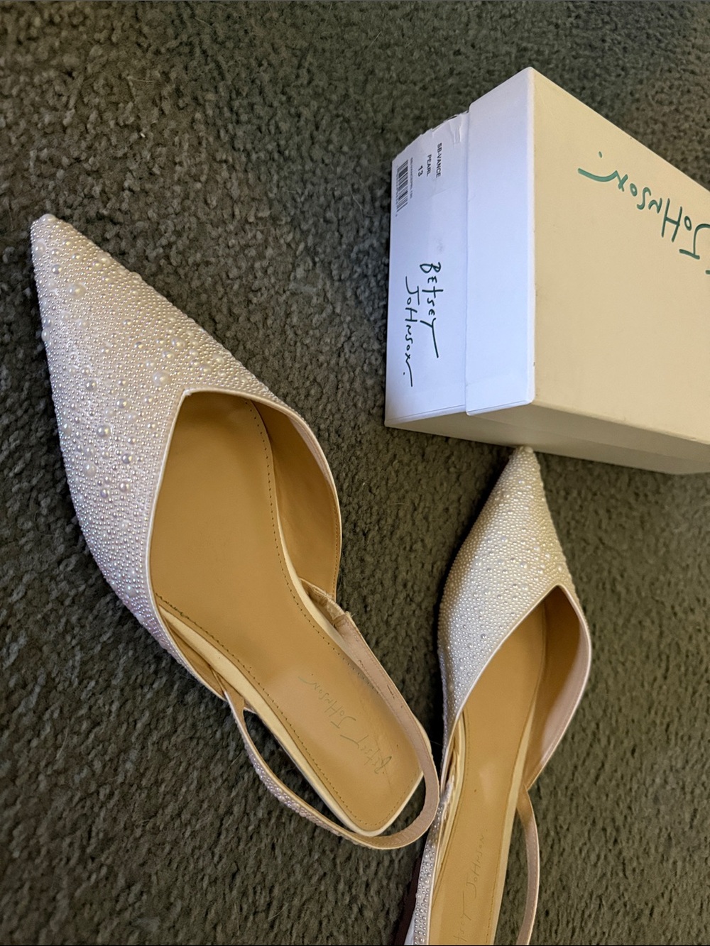 Betsey Johnson Ivory Pearl-Embellished Pointed Slingback Mules